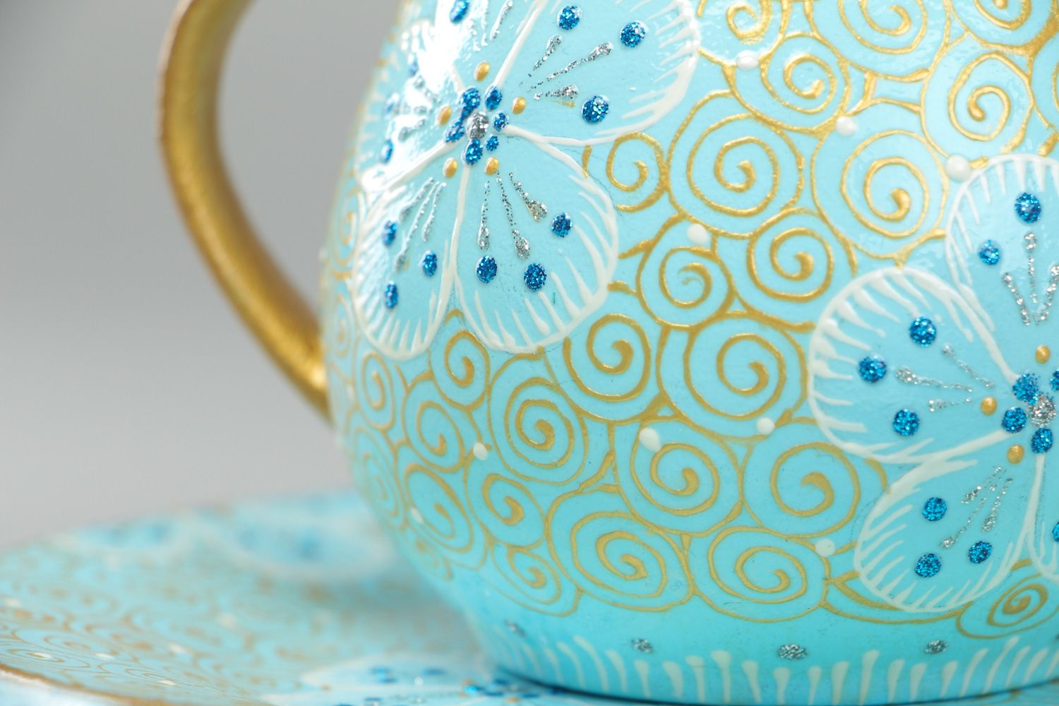 Juego de té ártesanal pintado azul con dorado tazas y tetera foto 3