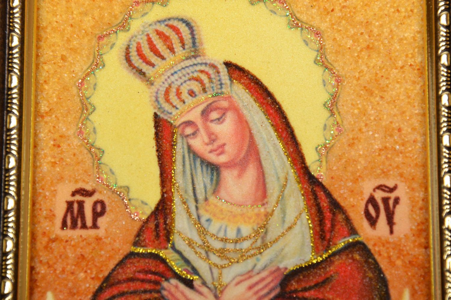 Репродукция православной Остробрамской иконы Божией Матери с янтарем фото 4