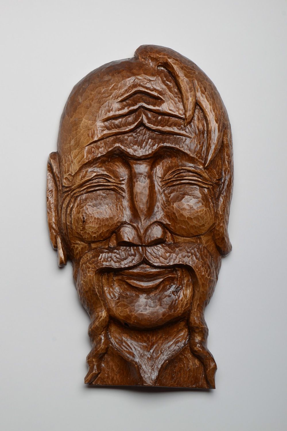 Handmade decorative wall hanging mask carved of wood and varnished Cossack photo 1