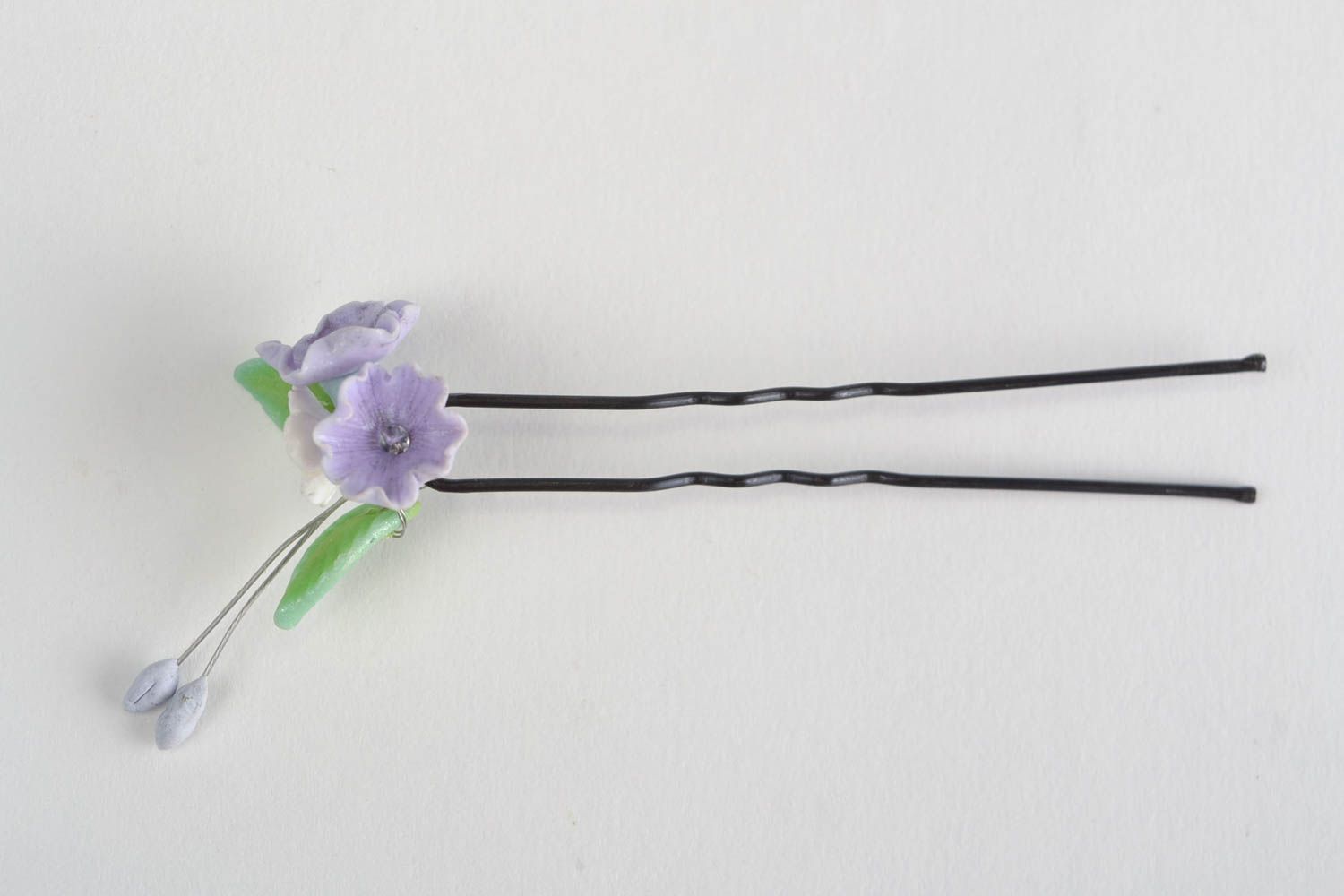 Handmade small metal hair pin decorated with tender violet polymer clay flowers photo 4