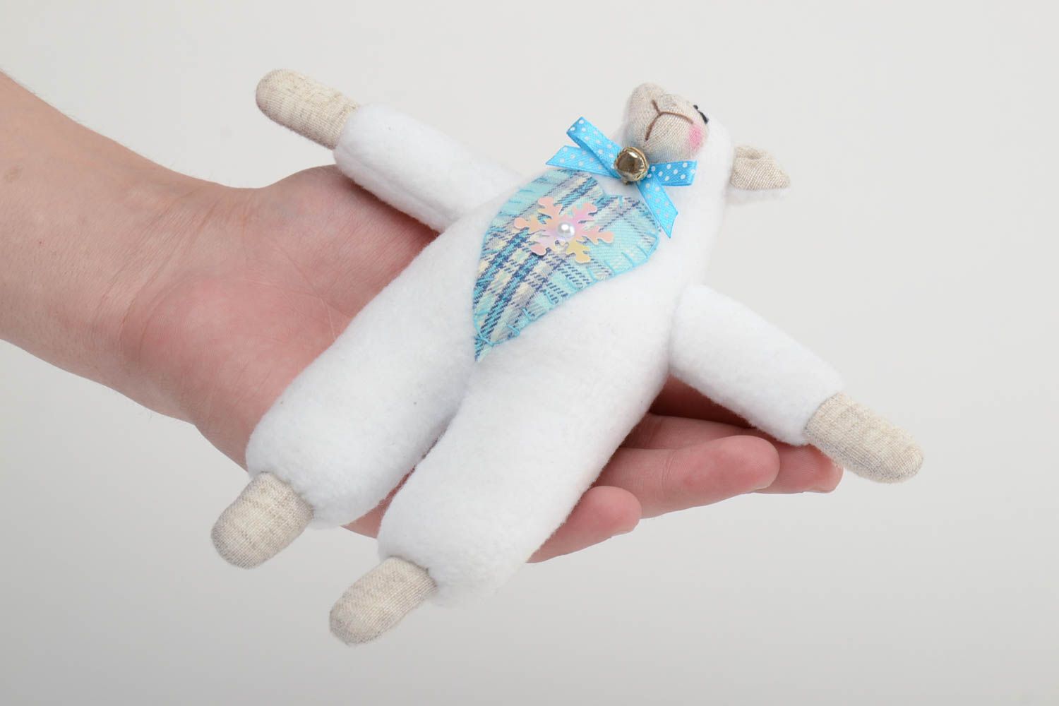 Handmade soft toy sewn of cotton and fleece white lamb with blue checkered heart photo 5