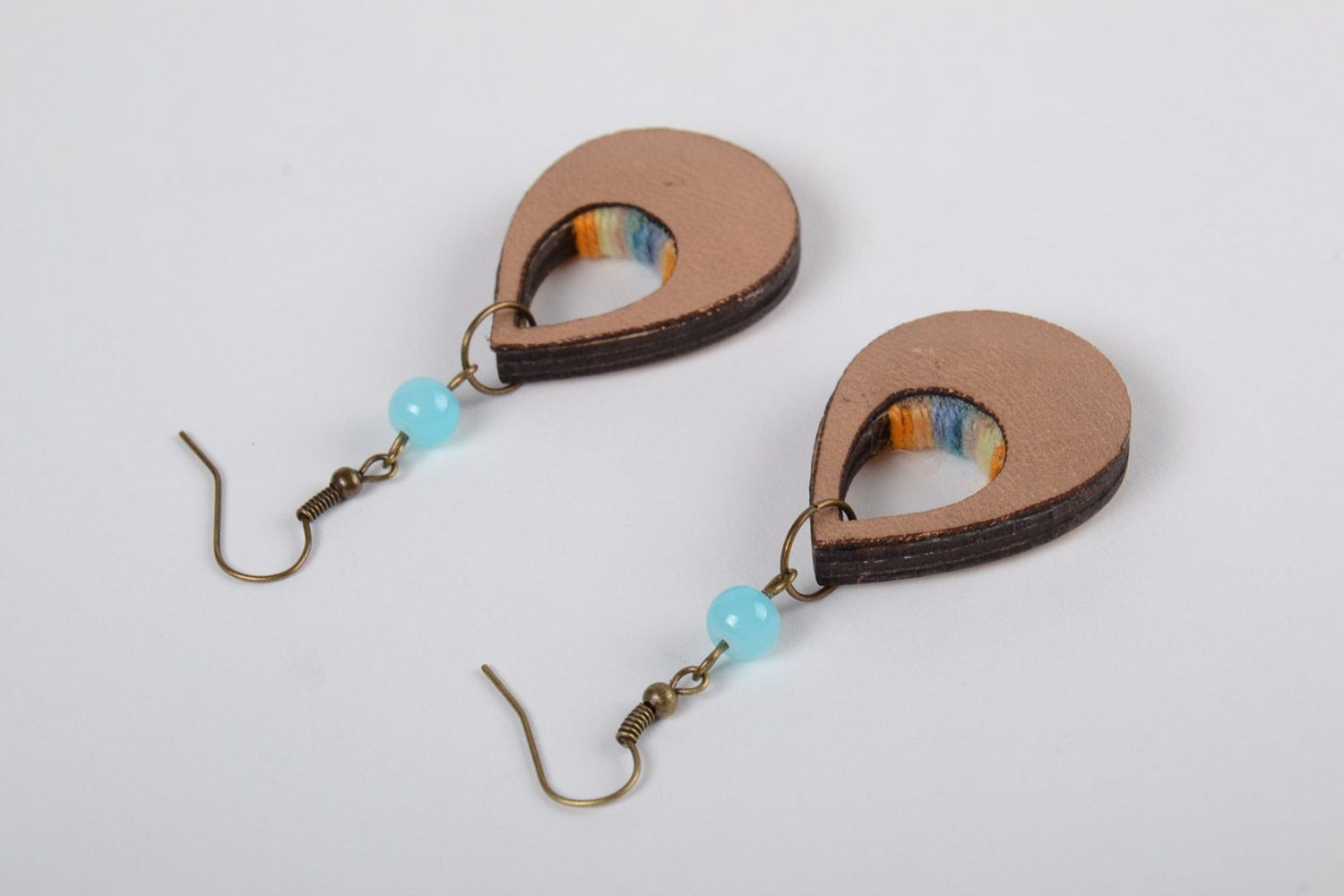 Handmade plywood earrings with colored thread embroidery in the form of droplets photo 3