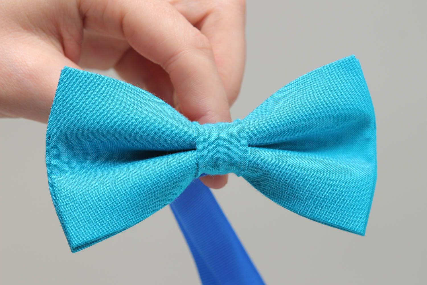 One-colored blue handmade fabric bow tie photo 4