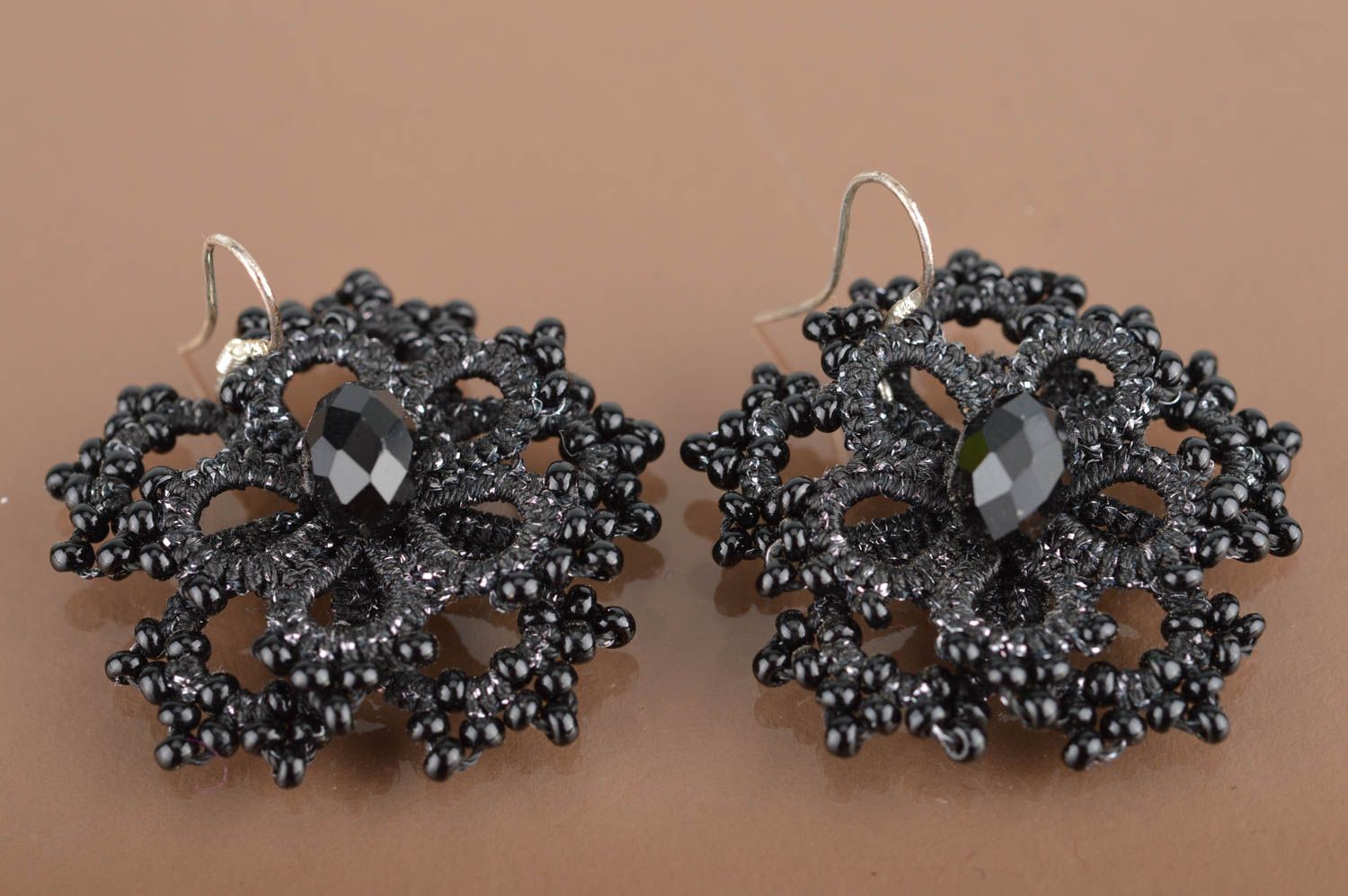Handmade black woven lace earrings made of satin threads and beads tatting photo 2