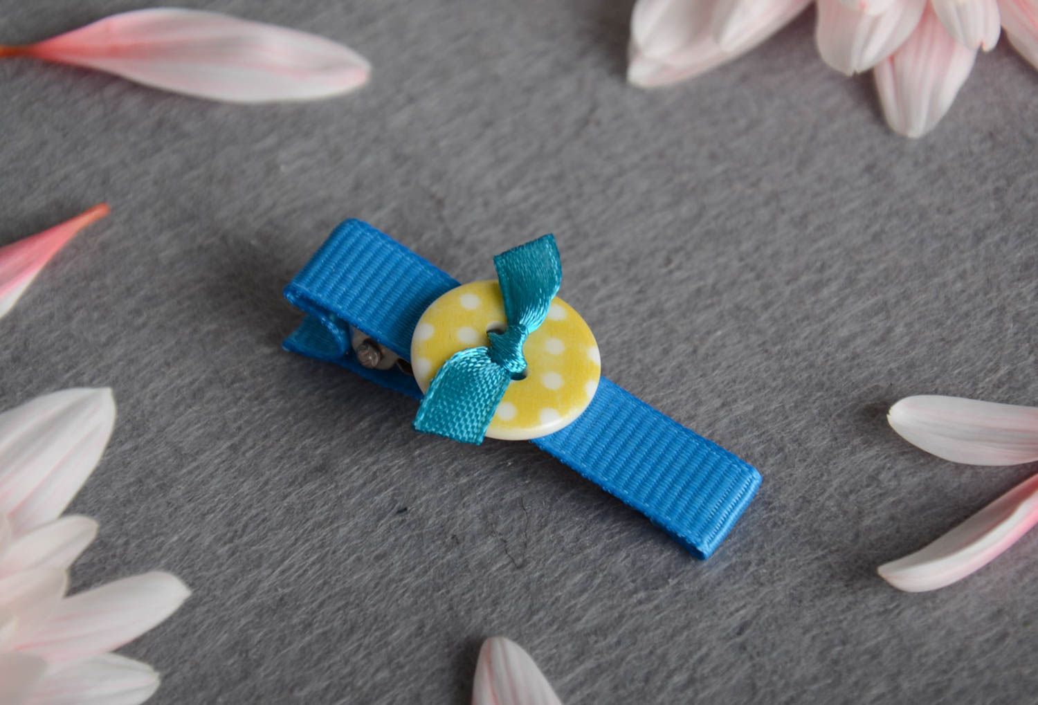 Handmade hairpin for baby made of ribbons blue with yellow handmade barrette photo 1