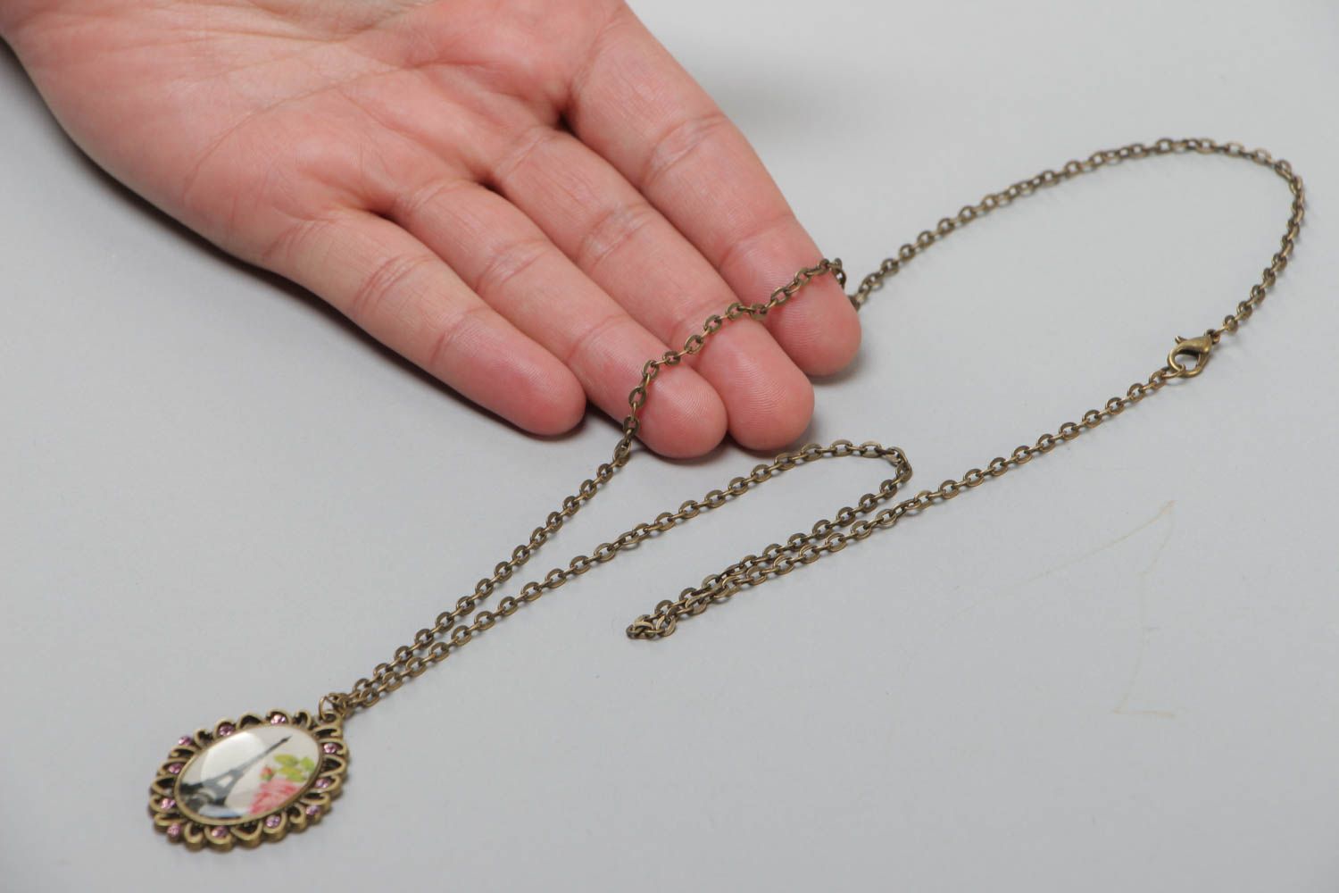 Handcrafted vintage necklace on a long chain with a pendal made of glass glaze photo 5