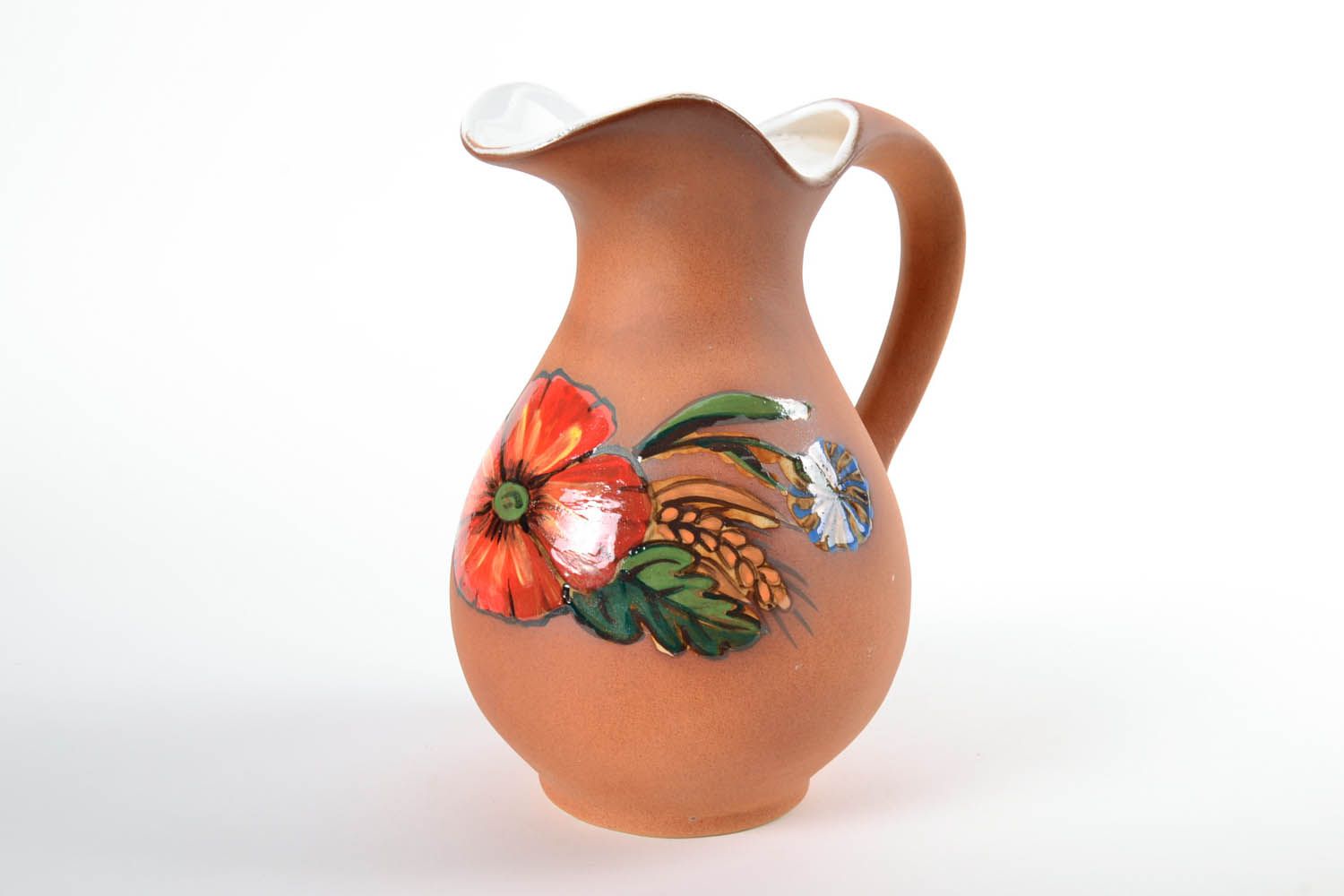 Large handmade 100 oz ceramic water jug in terracotta color with floral design 4 lb photo 3