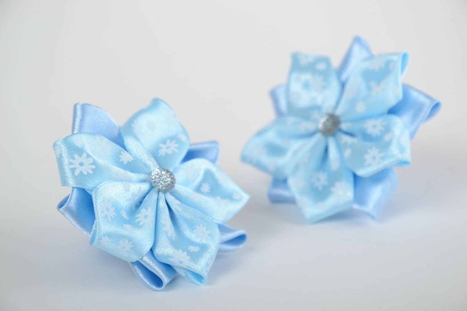Set of 2 handmade children's blue textile flower hair ties kanzashi photo 5