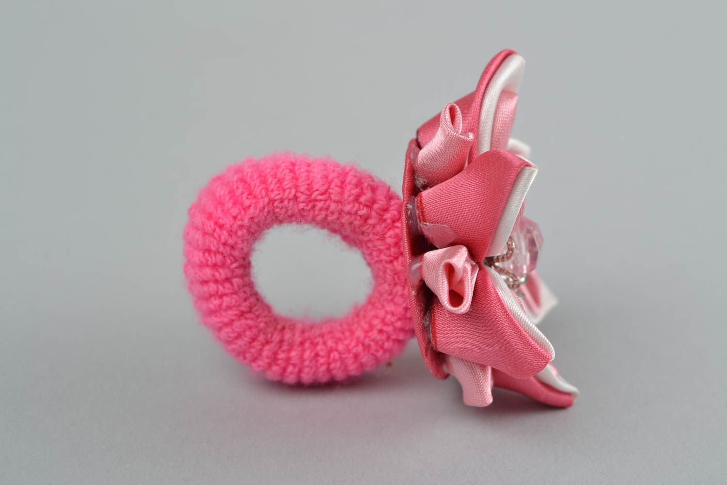 Pink handmade hair tie made of satin ribbons in shape of flower for kids photo 4