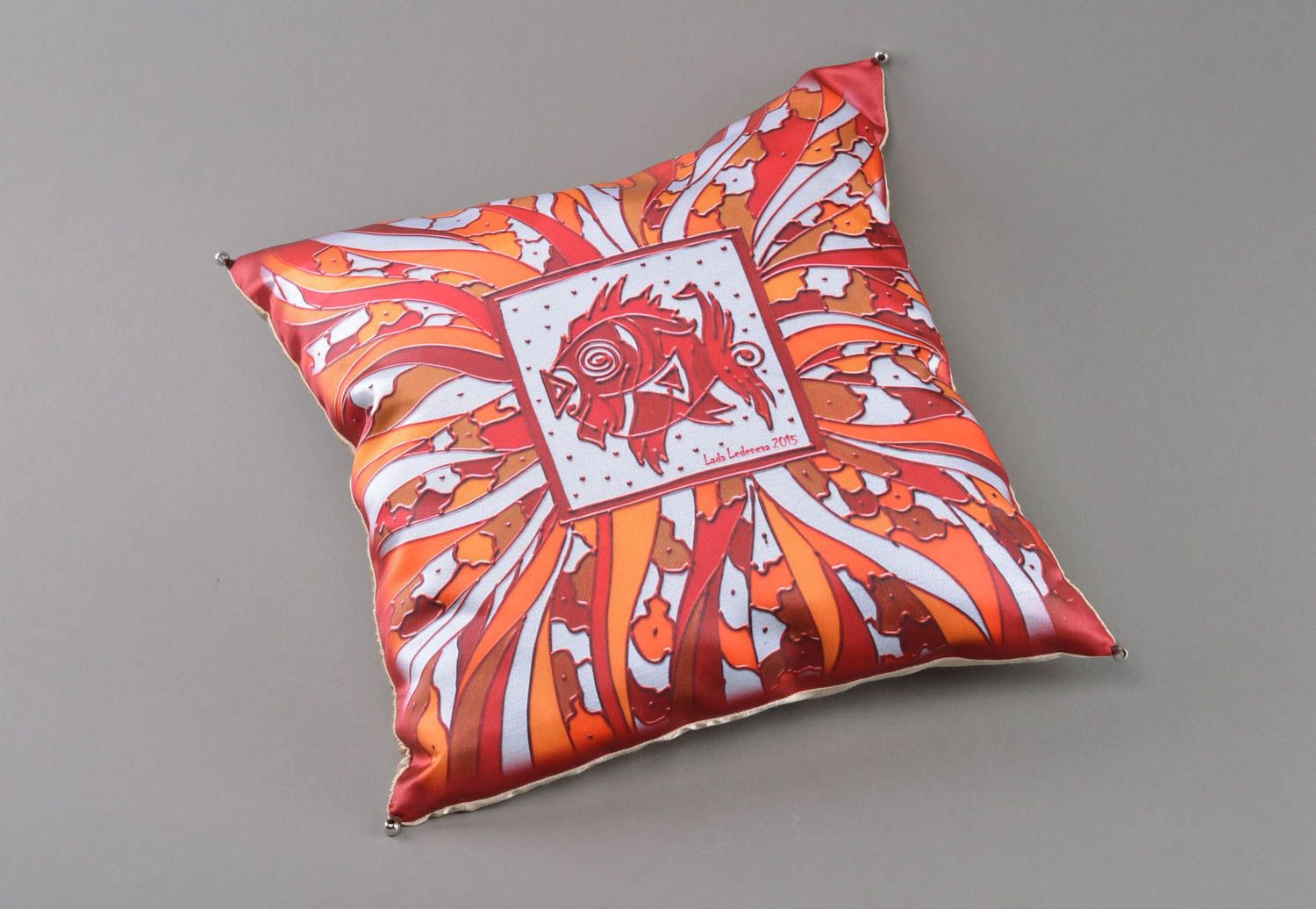 Handmade designer bright satin accent pillow with pattern for interior decor photo 1