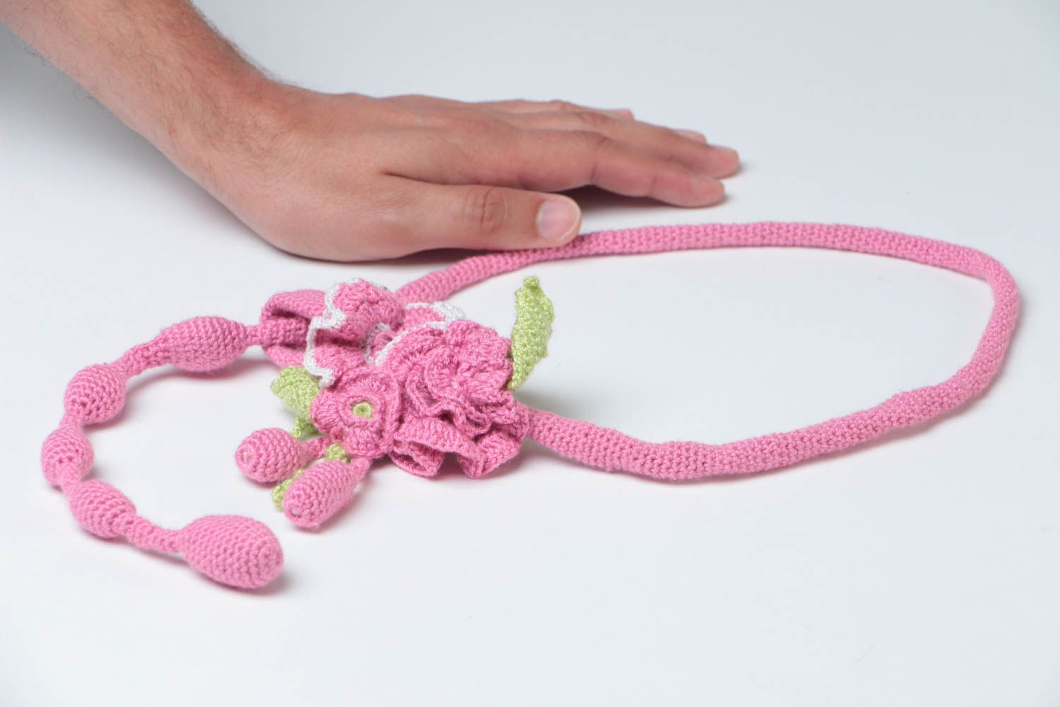 Collier textile en fils de coton Bijou fait main rose Fleurs Accessoire femme photo 5
