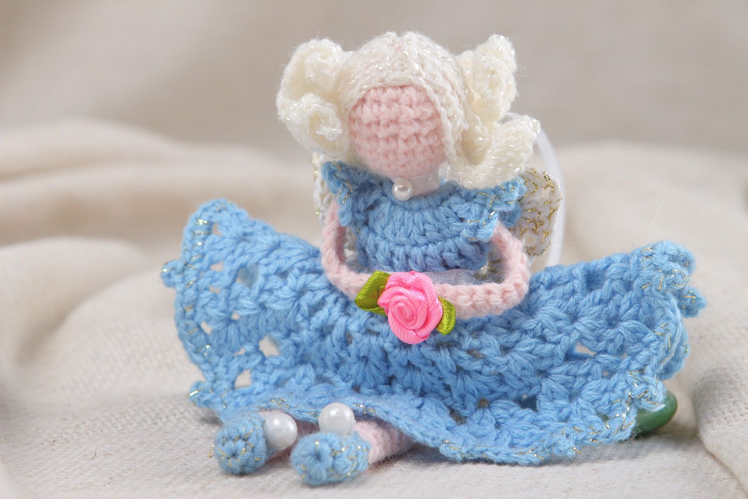 Small handmade soft toy crocheted of cotton and acrylics Girl in blue dress photo 4