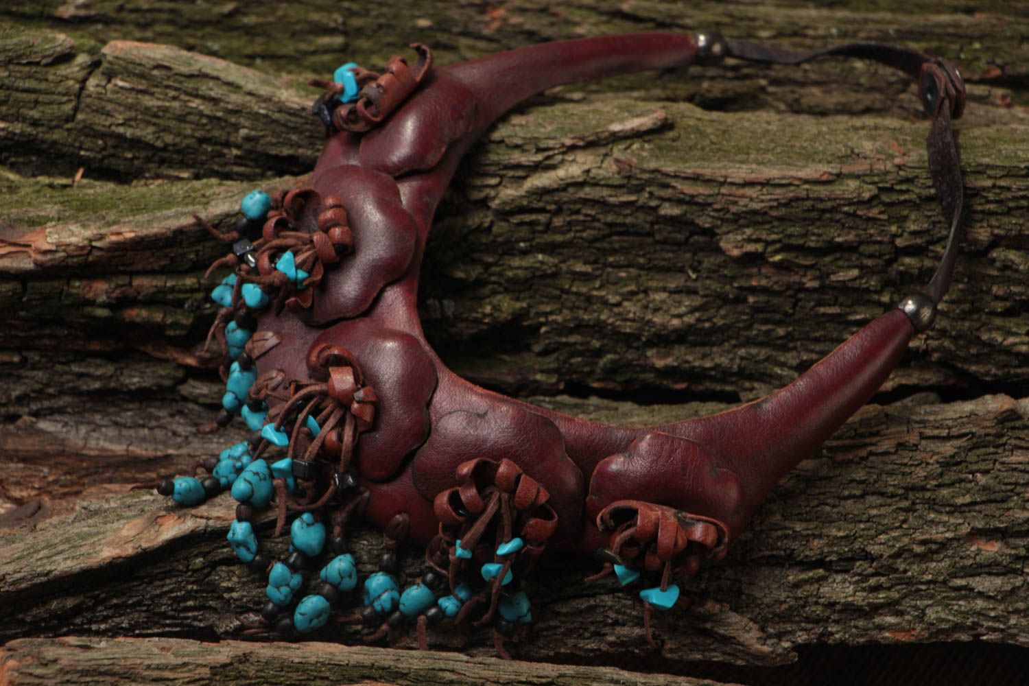 Accessoire massif collier en cuir fait main avec turquoise naturelle ethnique photo 1