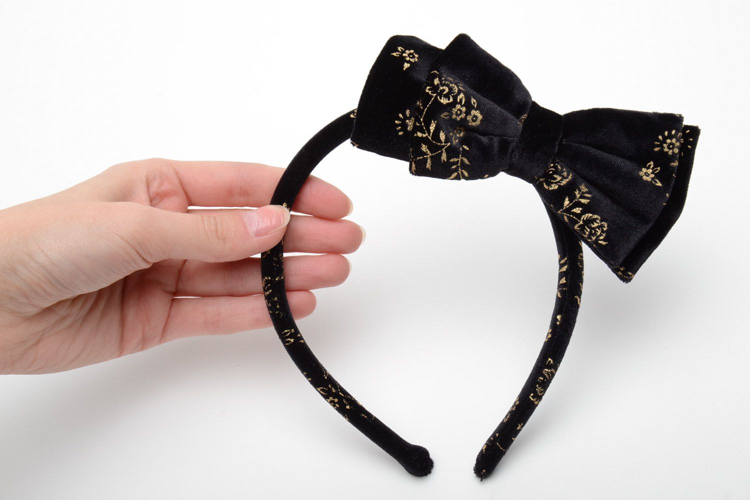 Serre-tête noir avec noeud en soie et velours original fait main pour fille photo 5