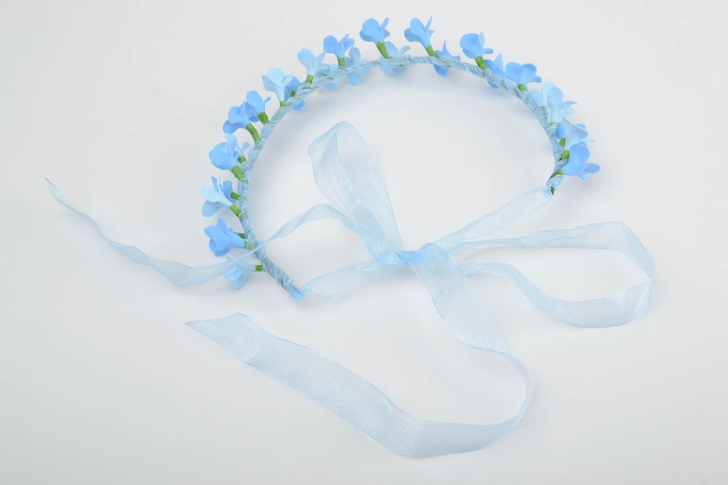 Handmade delicate headband with tender blue polymer clay flowers and ribbon photo 5