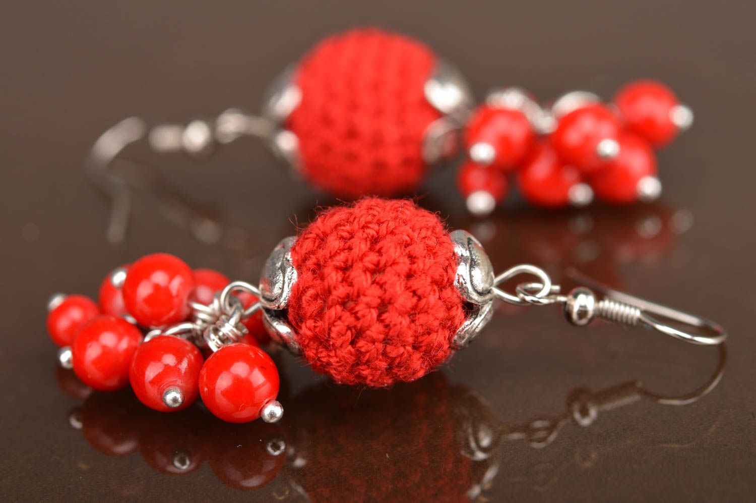 Designer earrings with red crocheted over beads handmade stylish accessory photo 3