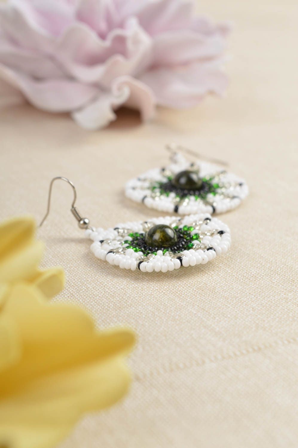 Round handmade seed beaded earrings unique designer jewelry accessories  photo 1