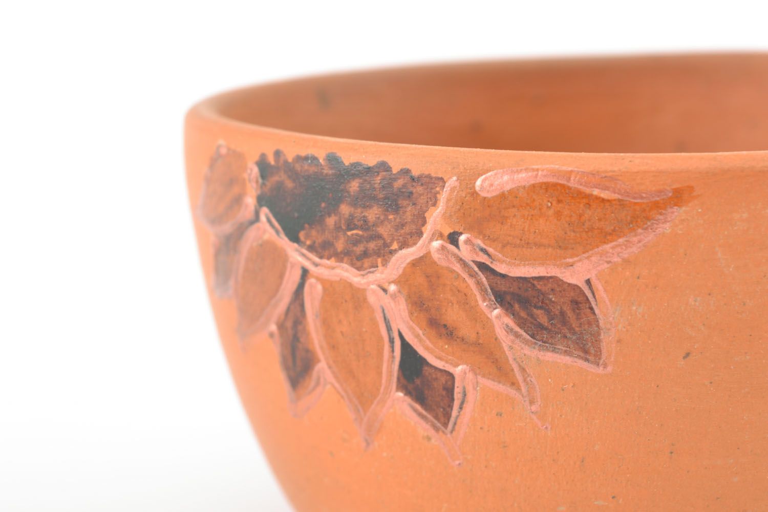 Clay flat 5 oz coffee cup in terracotta color with handle and sunflower pattern photo 2