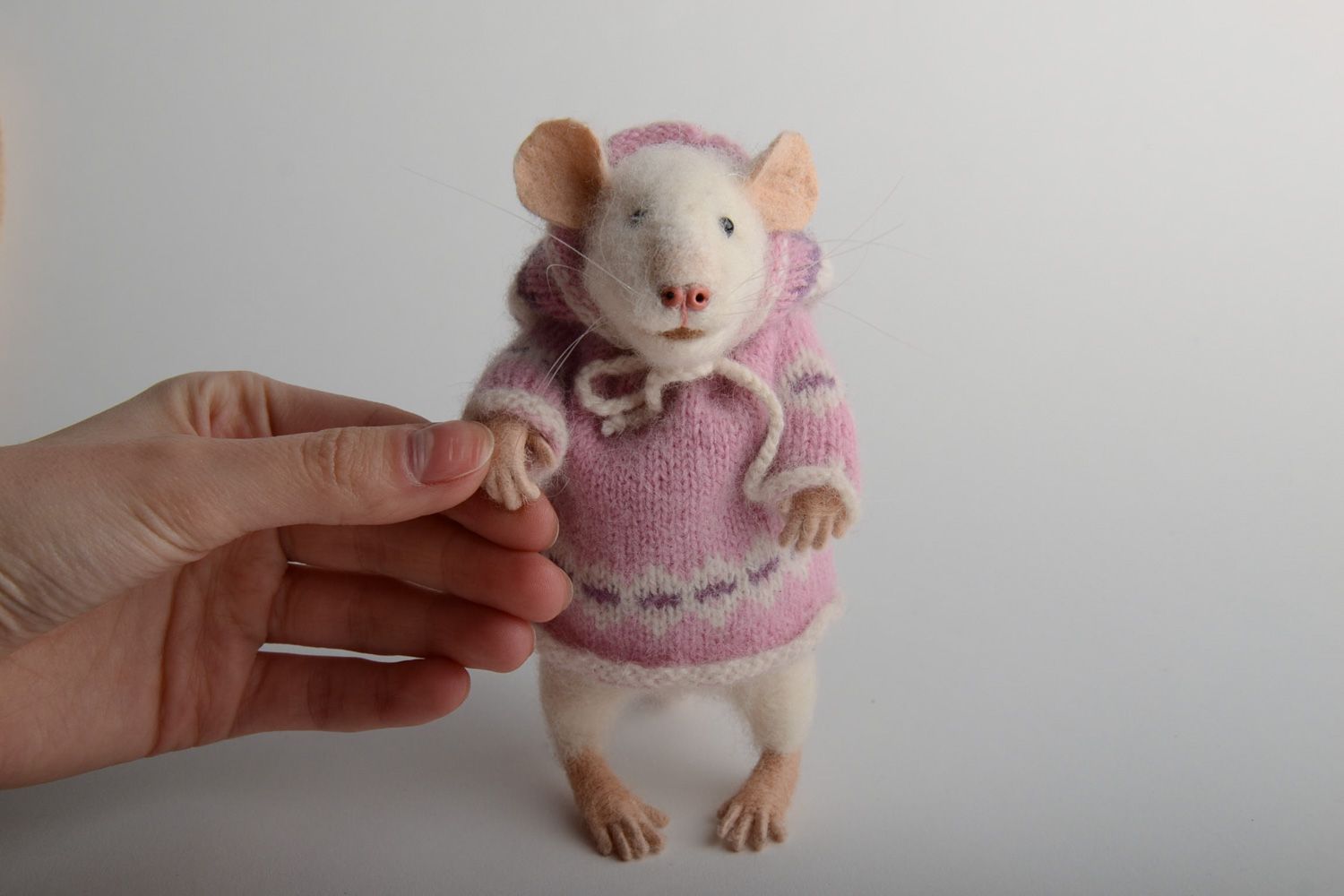 Handmade realistic soft toy felted of natural wool mouse in pink knit sweater photo 5