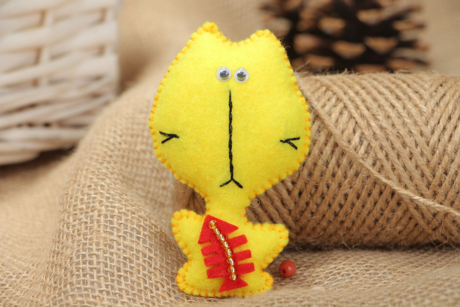 Handmade small brooch sewn of yellow fabric with applique work and beads Cat photo 1