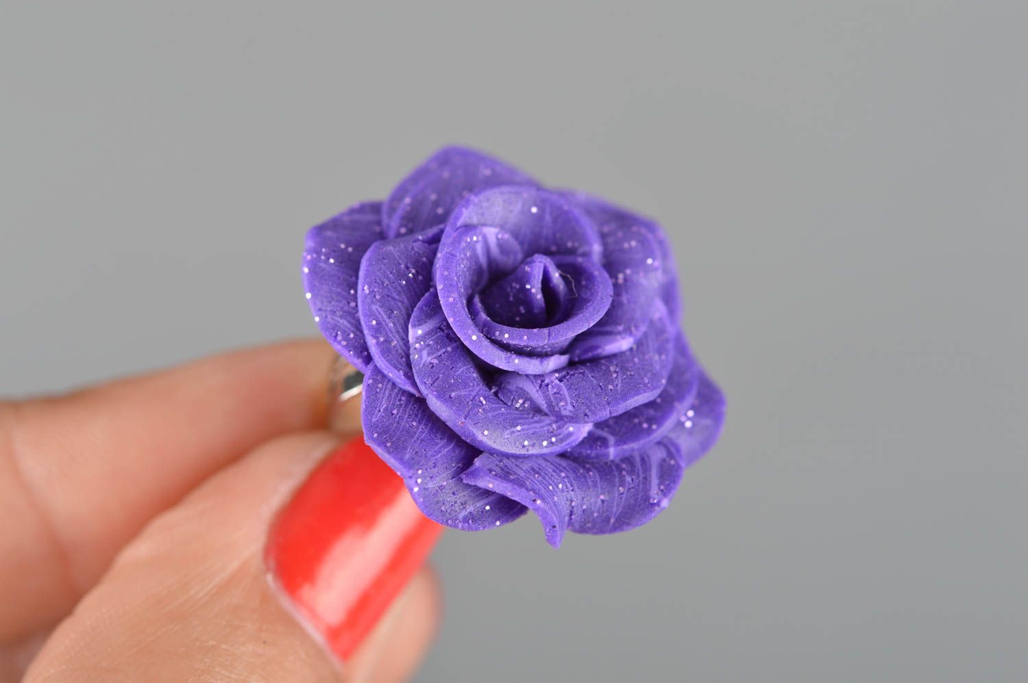 Polymer clay ring jewelry with flowers purple stylish unique accessory for girls photo 3
