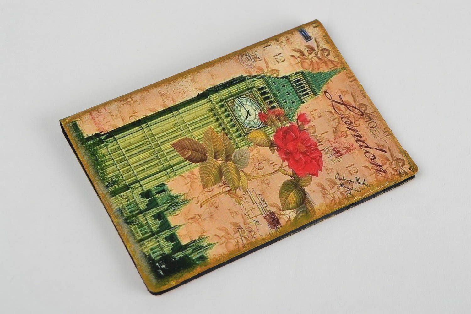 Handmade faux leather passport cover with decoupage image of Big Ben and rose photo 4