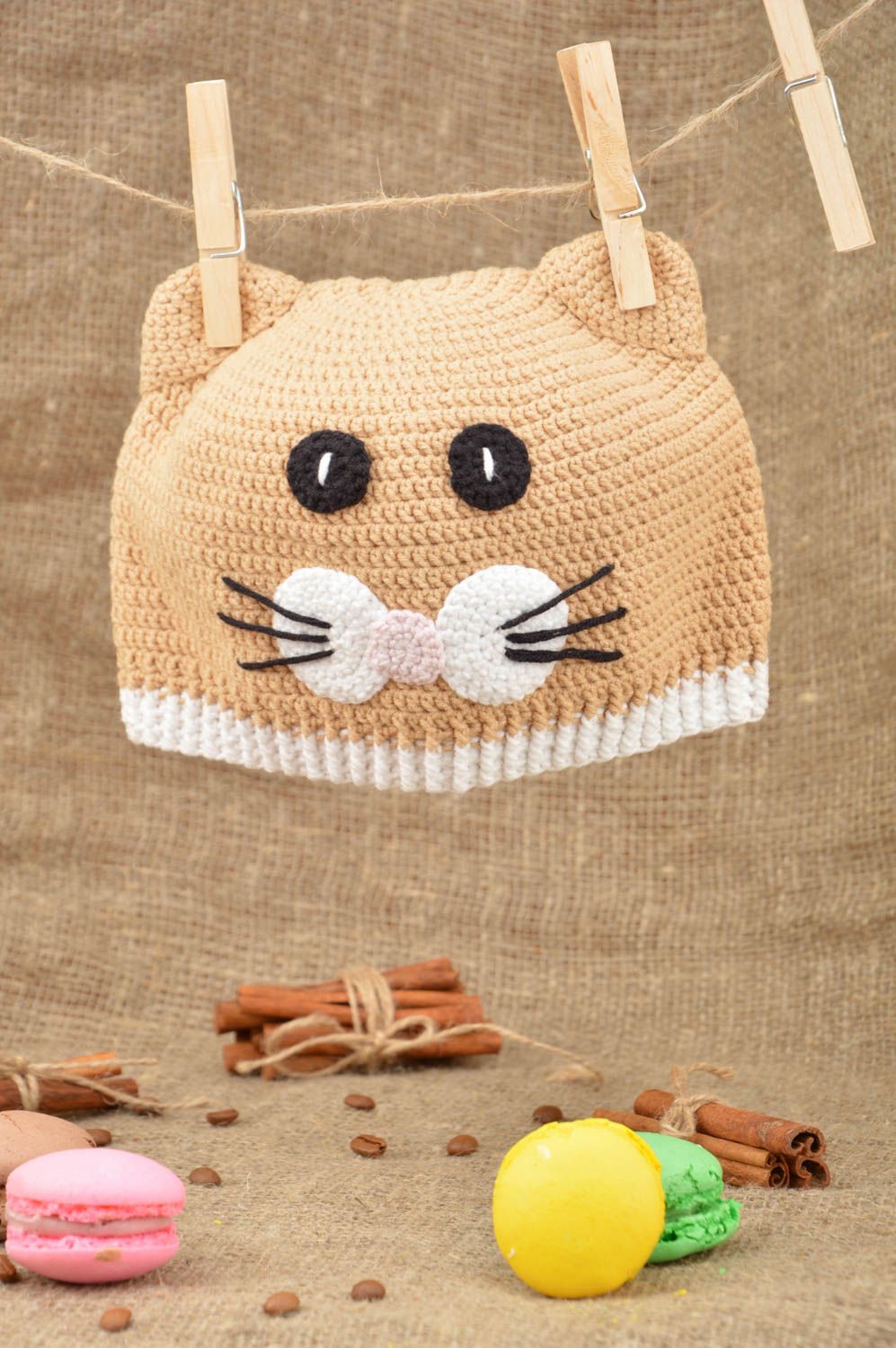 Handmade children's hat crocheted of beige cotton and woolen threads Kitten photo 1