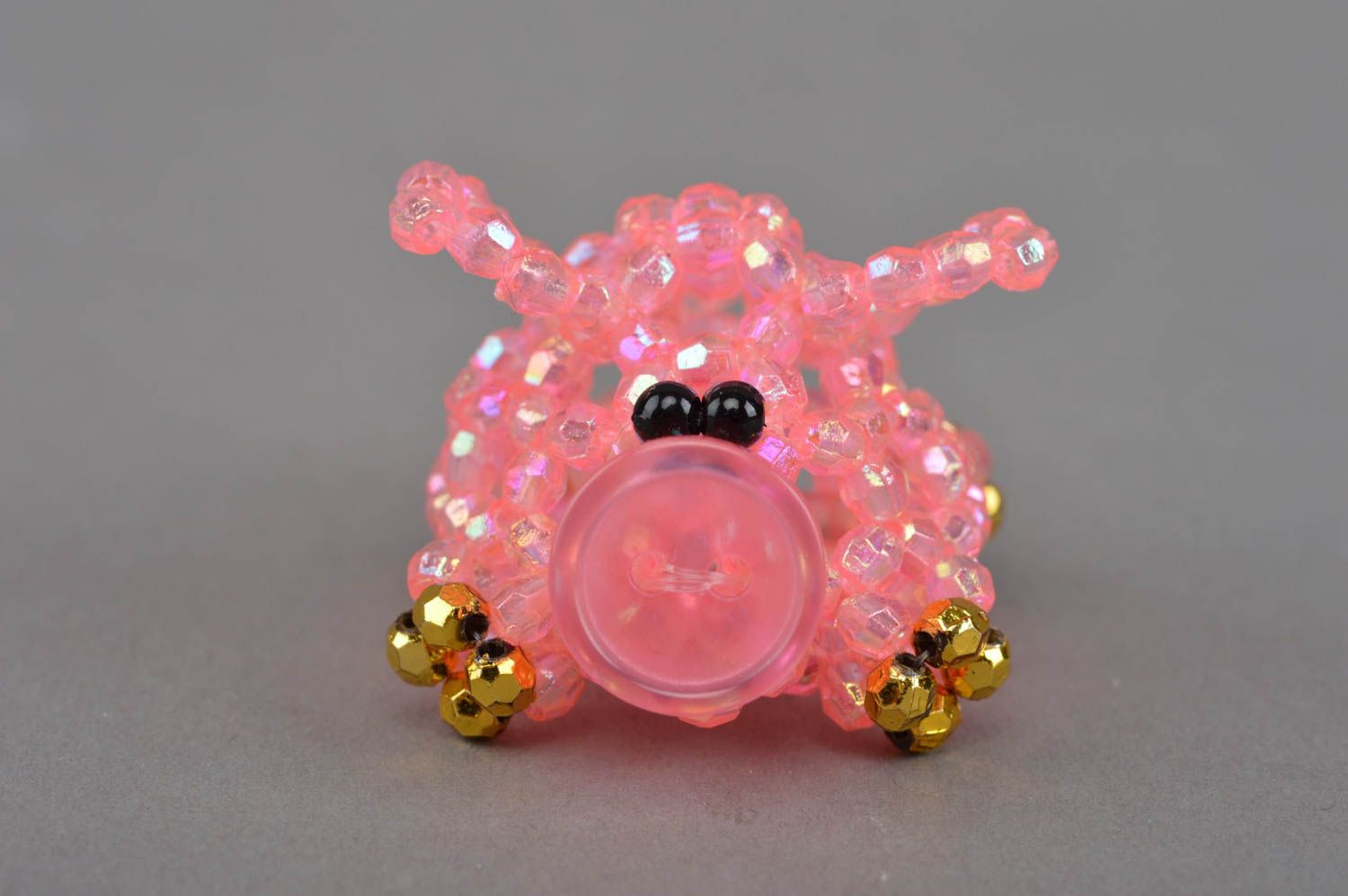 Small unusual handmade woven bead statuette of pink pig designer home decor photo 4