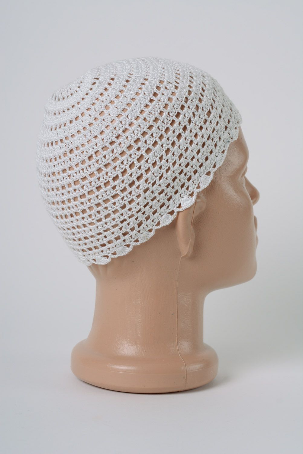 Handmade white lacy hat crocheted of cotton threads with flowers and beads photo 3