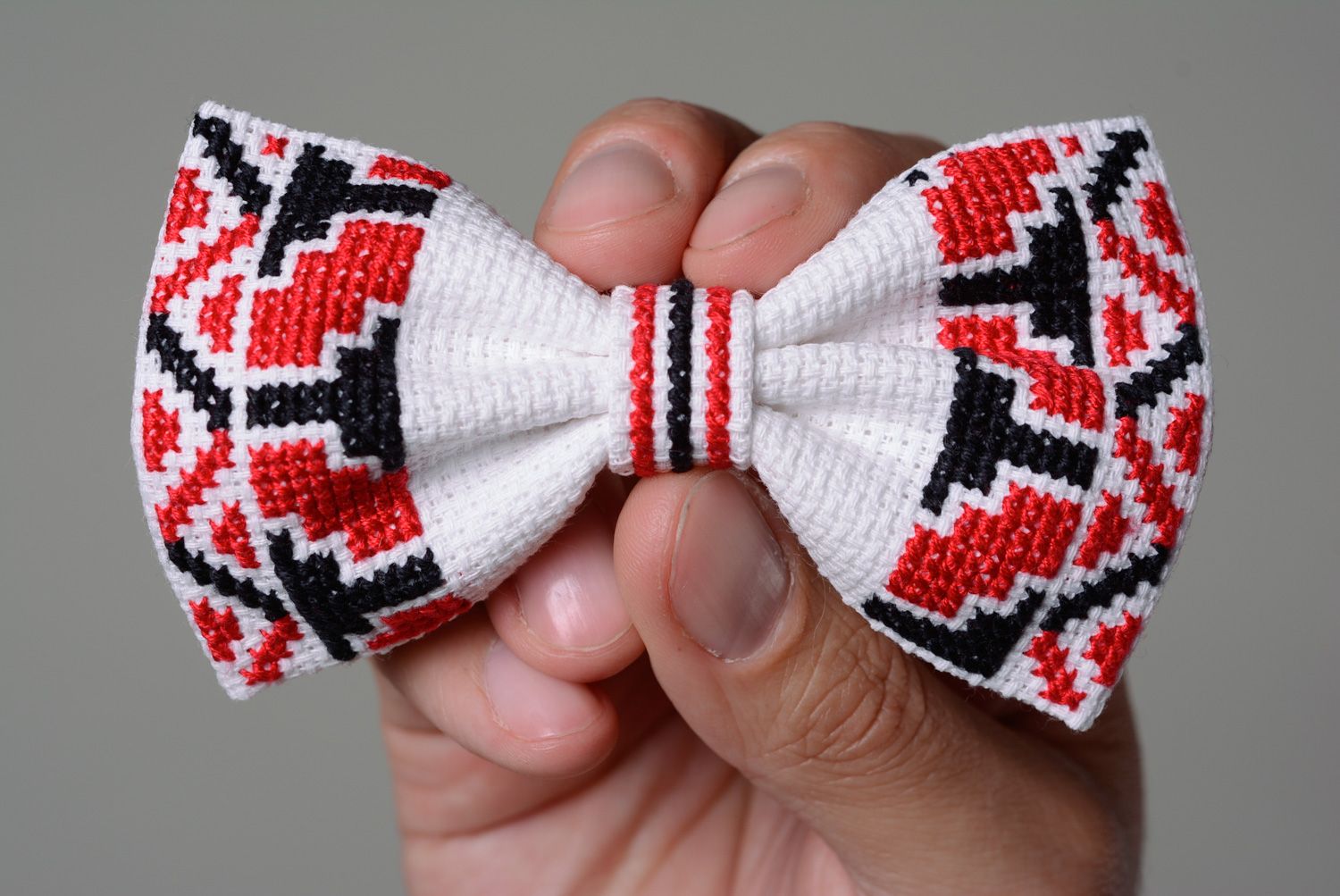 Handmade designer bow tie with cross stitch embroidery photo 4