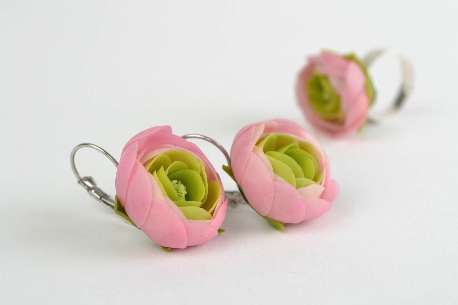 Unusual homemade cold porcelain flower jewelry set 2 pieces earrings and ring photo 4