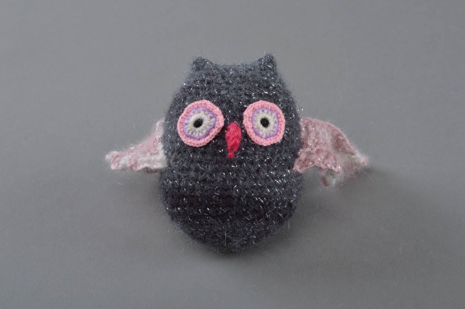 Handmade designer small gray crochet toy owl for children photo 1