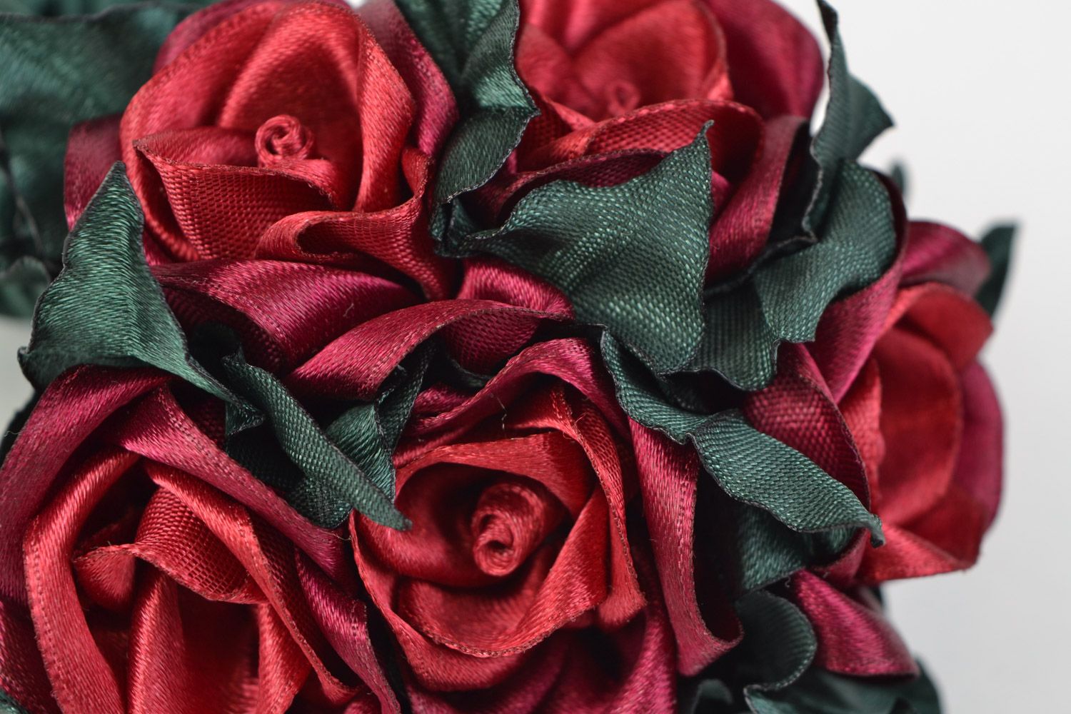 Dark red and green handmade volume fabric flower hair tie photo 4
