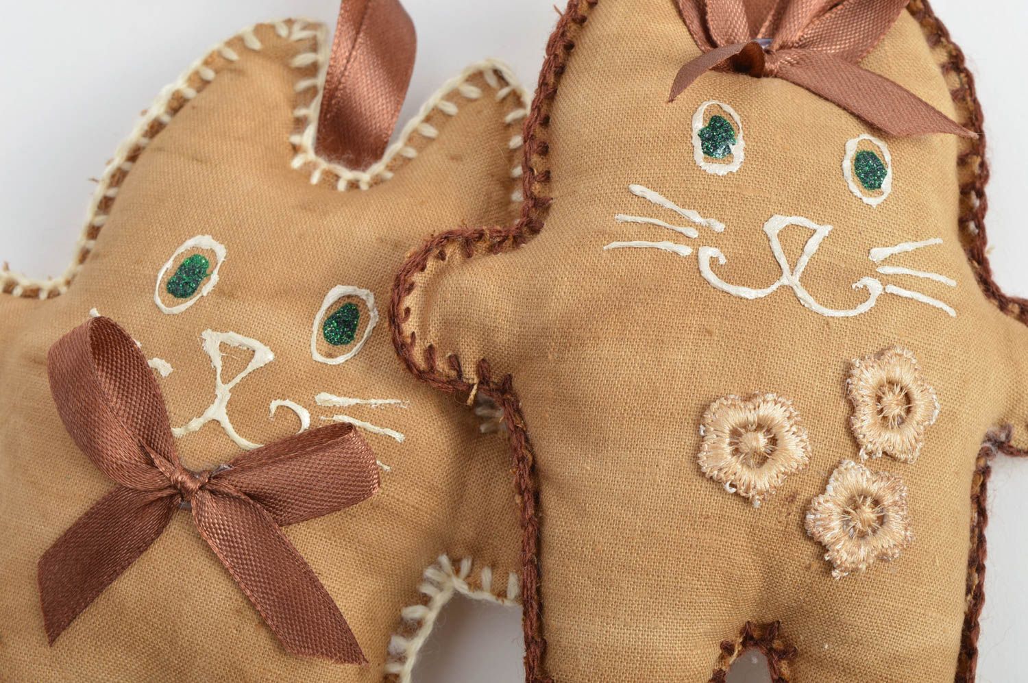 Set of 2 handmade decorative interior fabric wall hanging soft toys brown cats photo 4