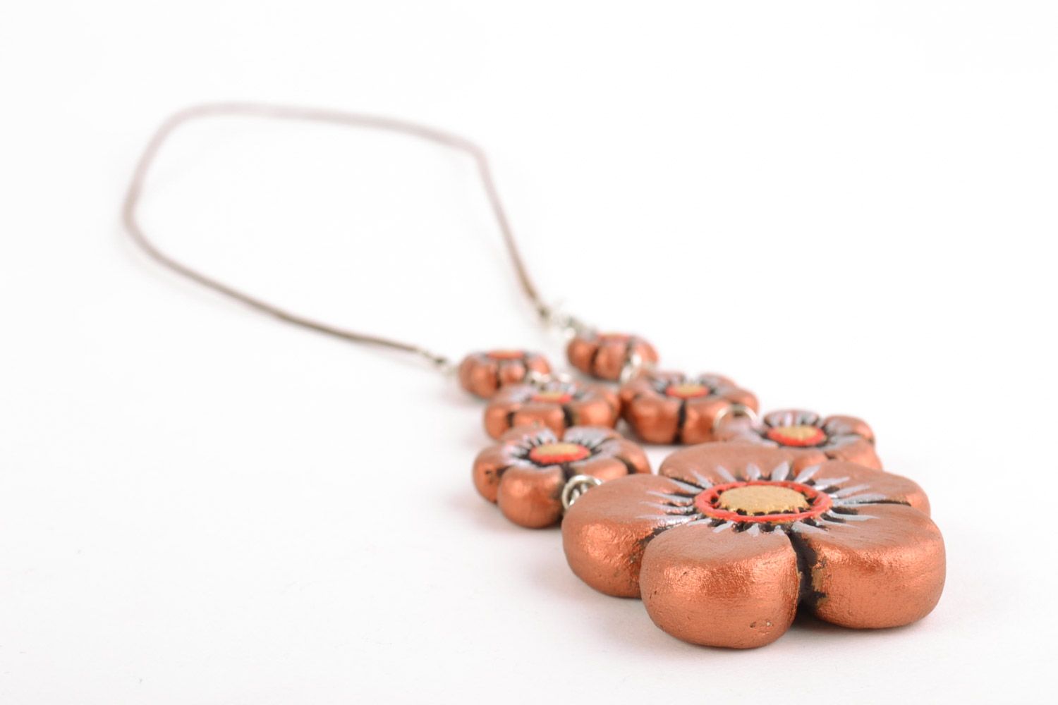 Handmade ceramic necklace on cord with molded flowers painted with acrylics photo 4