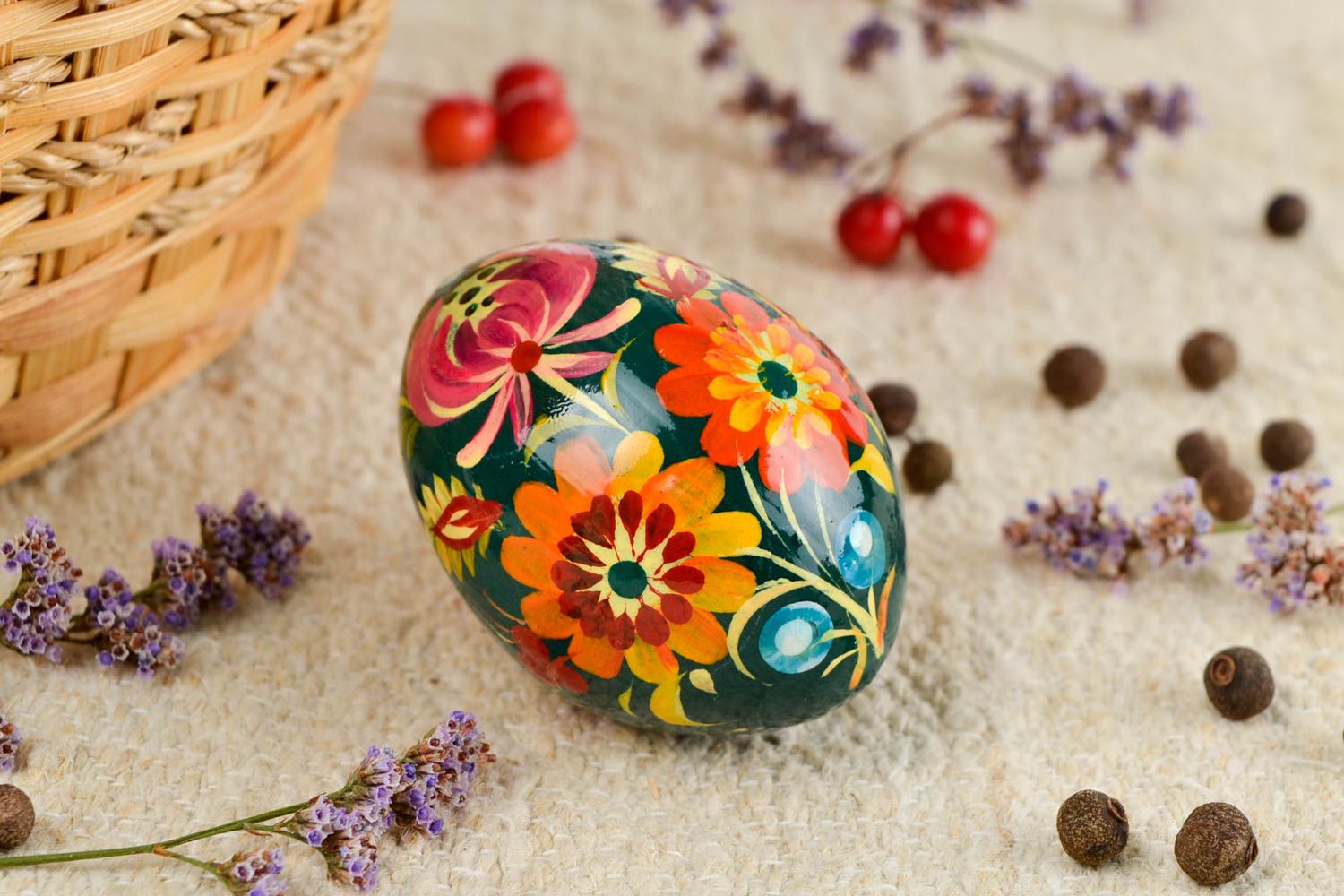 Oeuf de Pâques fait main en bois Déco Pâques motif floral peint Déco maison photo 1