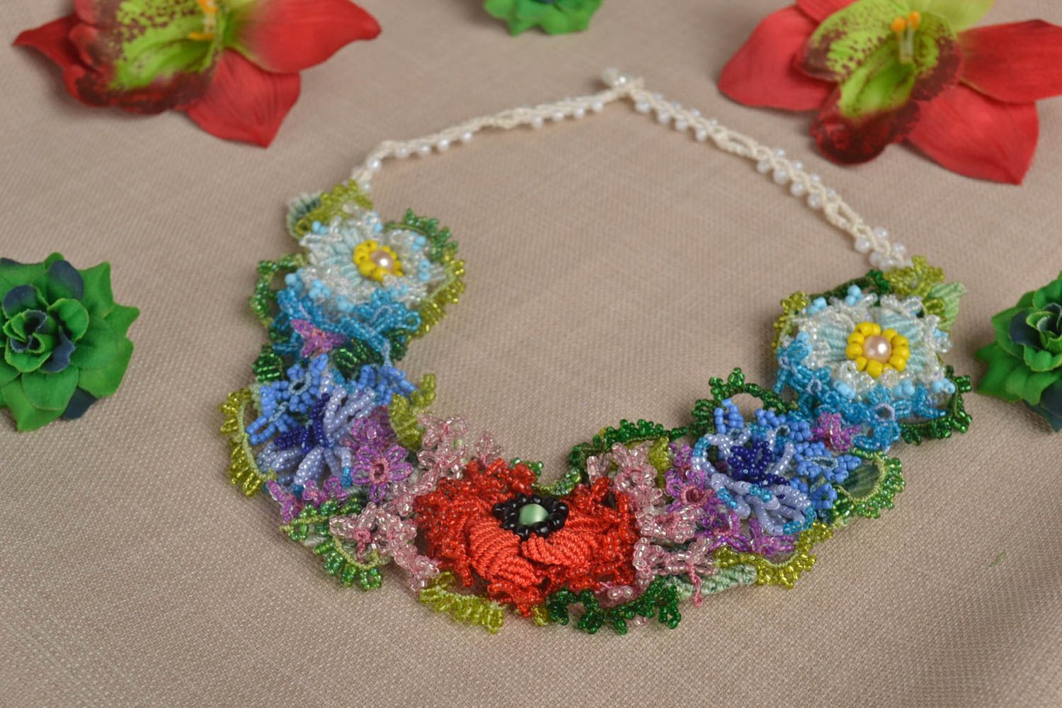 Handmade necklace designer jewelry unusual gift macrame necklace flower necklace photo 1