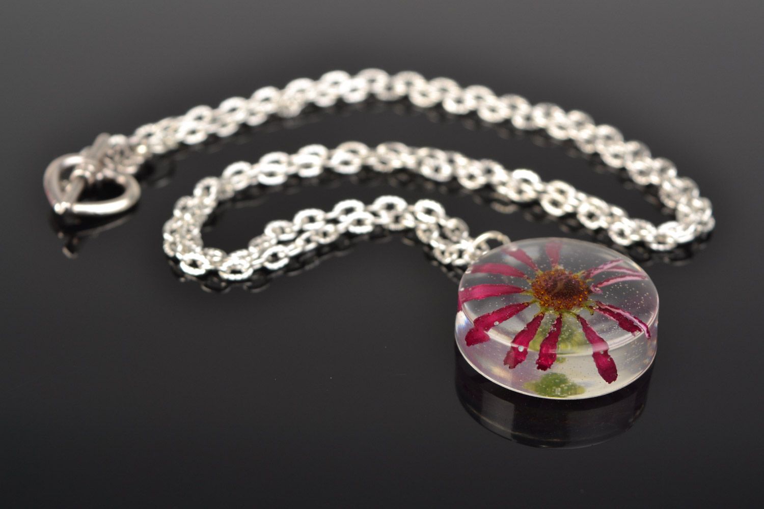 Cute designer handmade transparent round pendant with flower in epoxy resin photo 1