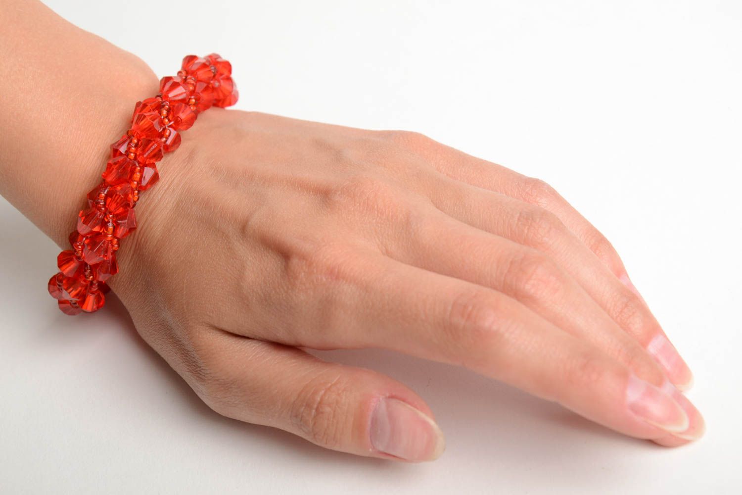 Handmade wrist bracelet crocheted of red Czech seed beads and faceted beads photo 2