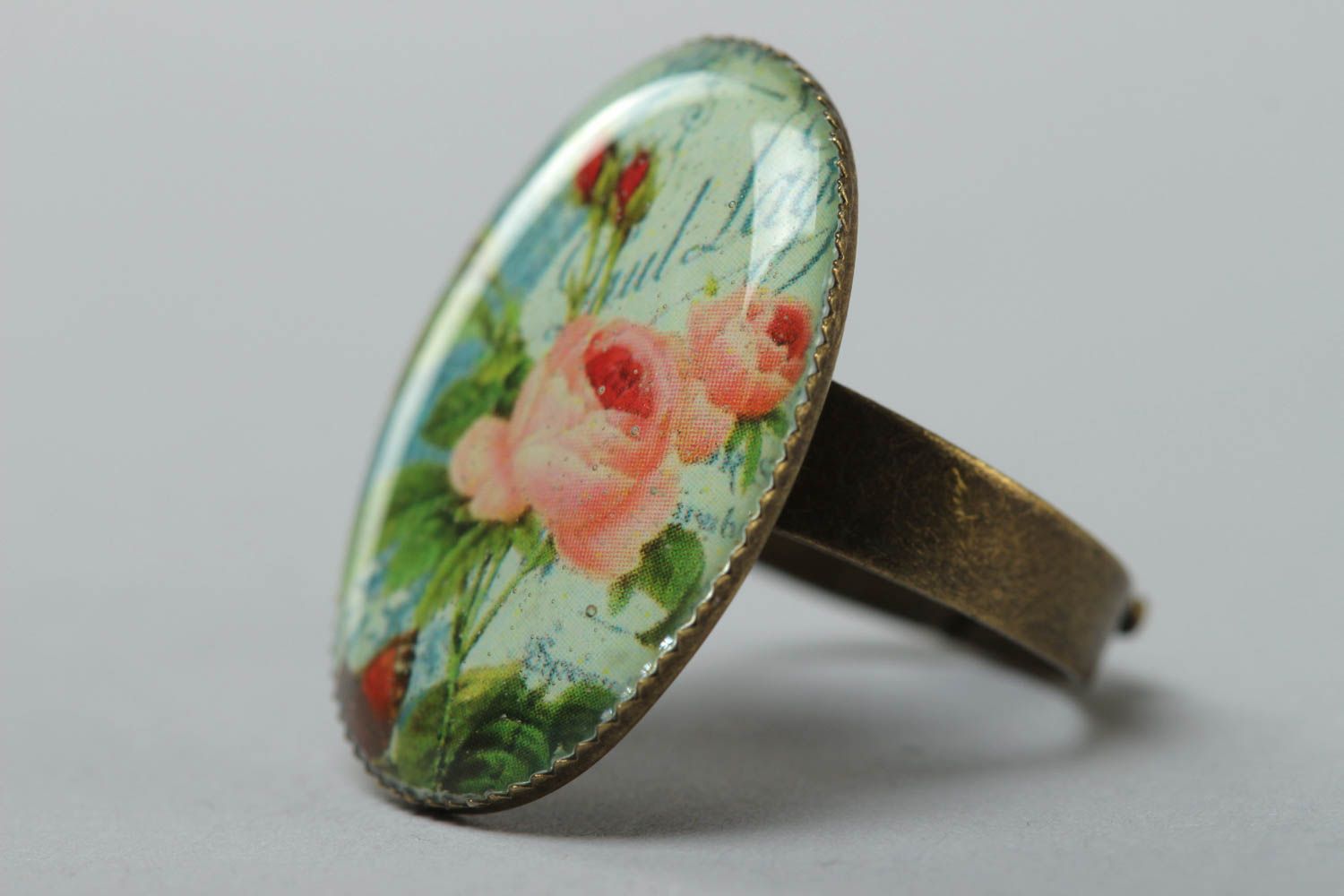 Handmade jewelry ring with metal basis and rose image coated with glass glaze photo 2
