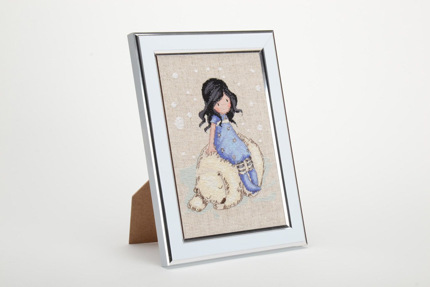 Handmade embroidered picture with frame in tender color palette Girl and Bear photo 2