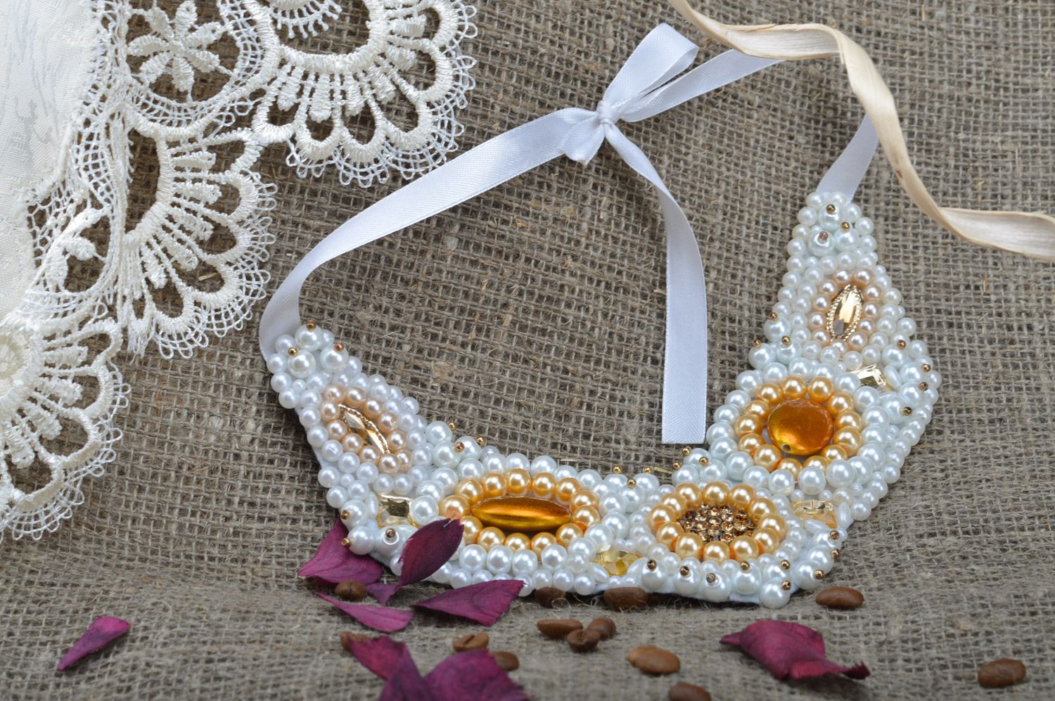 Massive handmade white bead embroidery necklace with yellow rhinestones Marylin photo 5