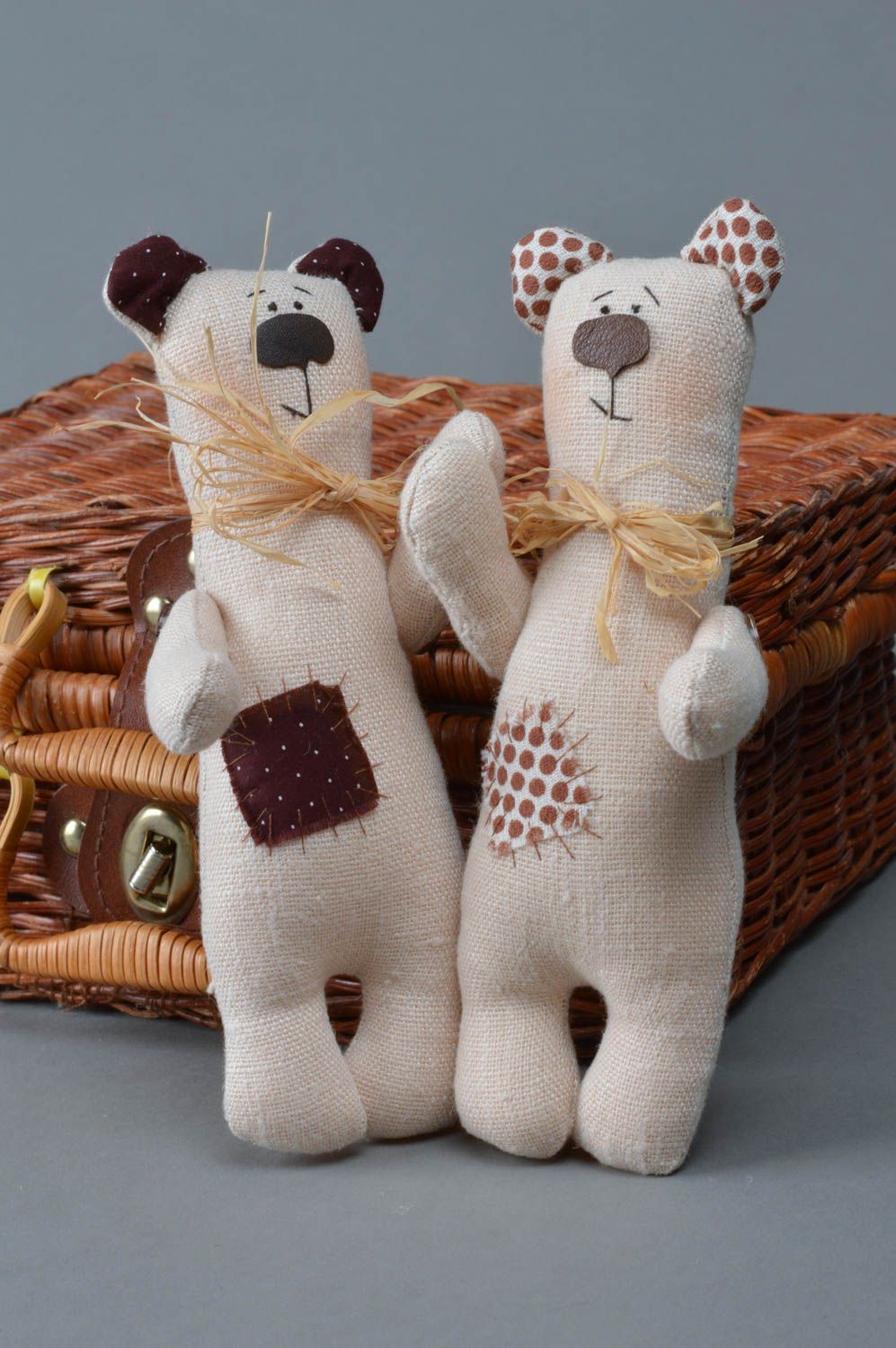 Set of 2 small handmade cotton and linen fabrics soft toys bears for children photo 3