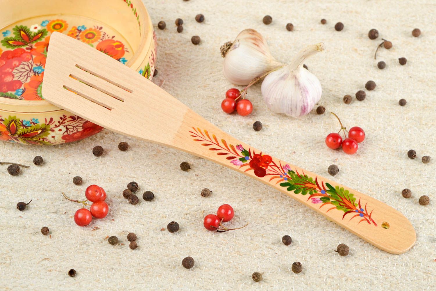 Handmade wooden kitchen utensil stylish panted spatula ware in ethnic style photo 1
