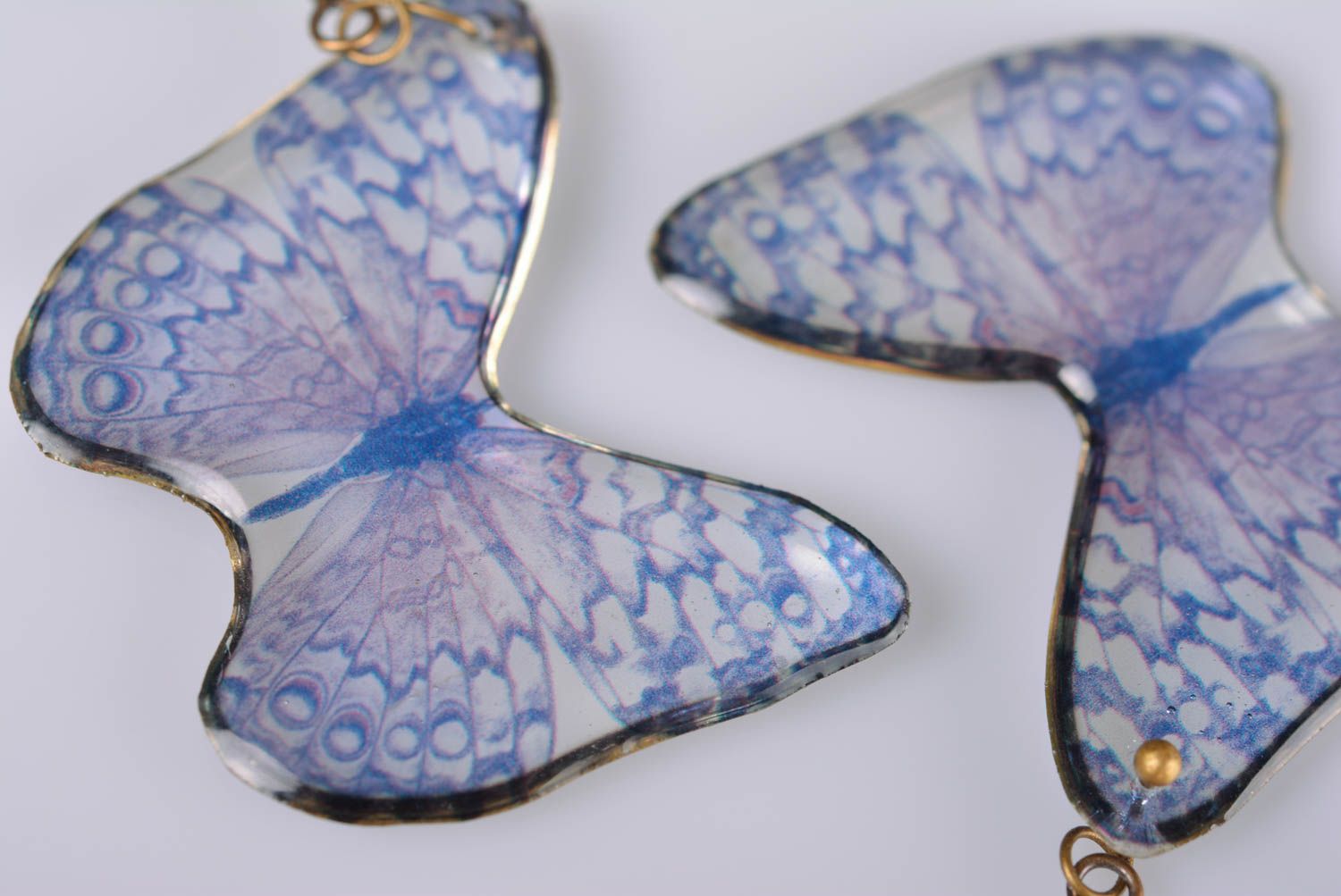 Unusual small handmade designer epoxy earrings in the shape of butterflies photo 3