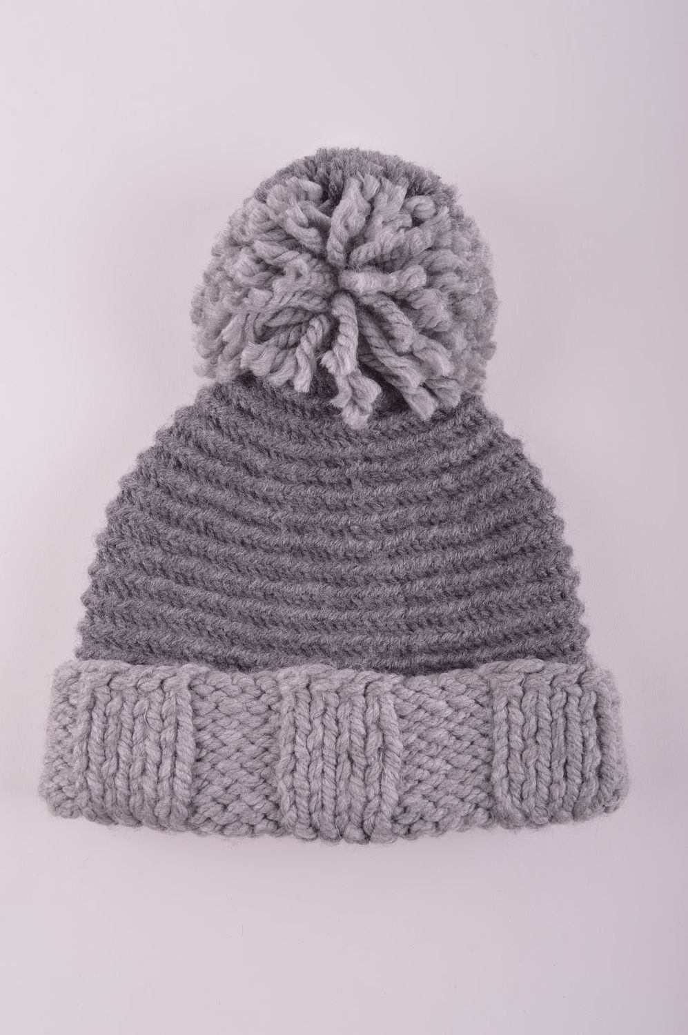 Bonnet tricot fait main Chapeau chaud gris pompon laine acrylique Vêtement femme photo 4