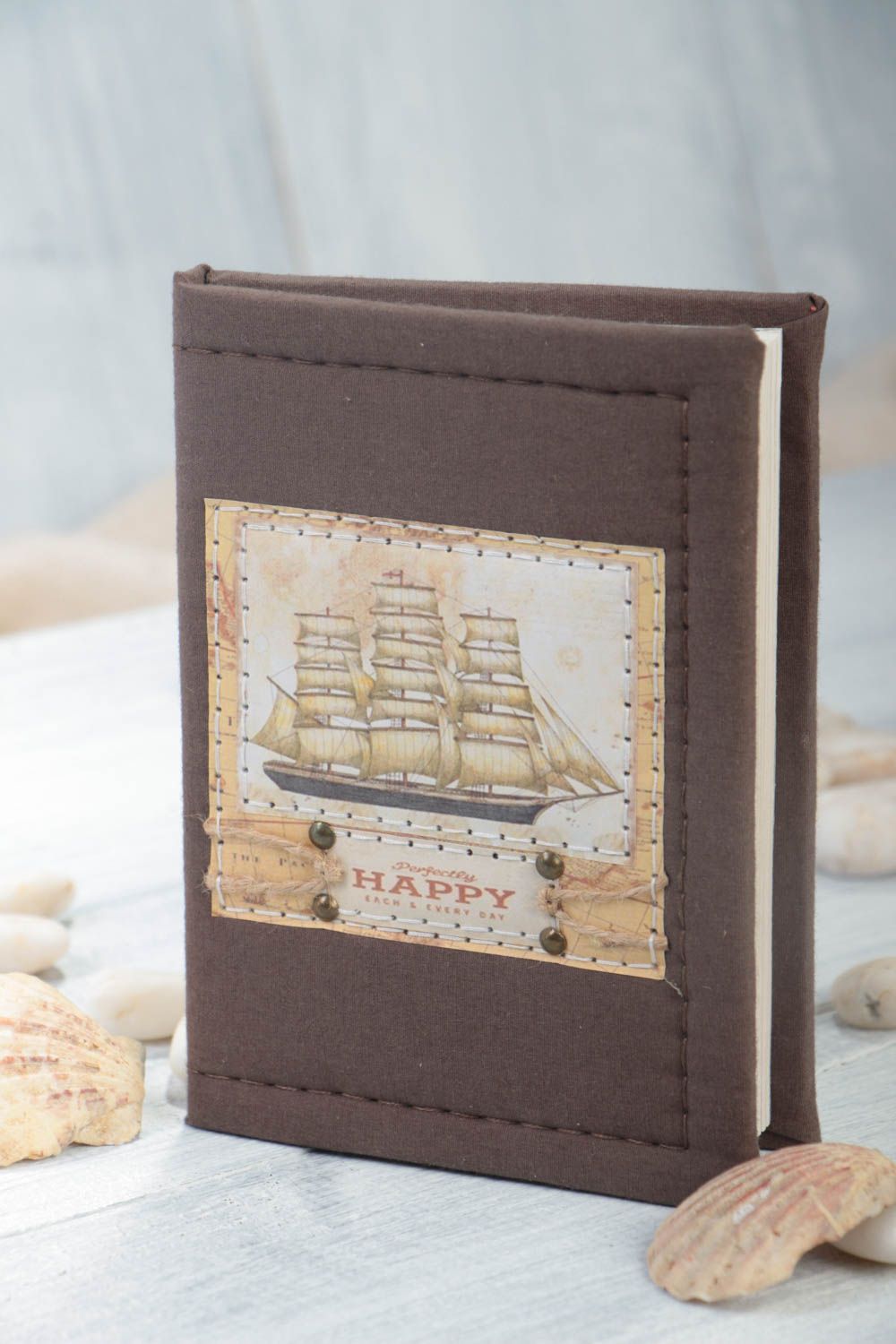 Блокнот с тканевой обложкой коричневый с изображением корабля красивый хэнд мейд фото 1