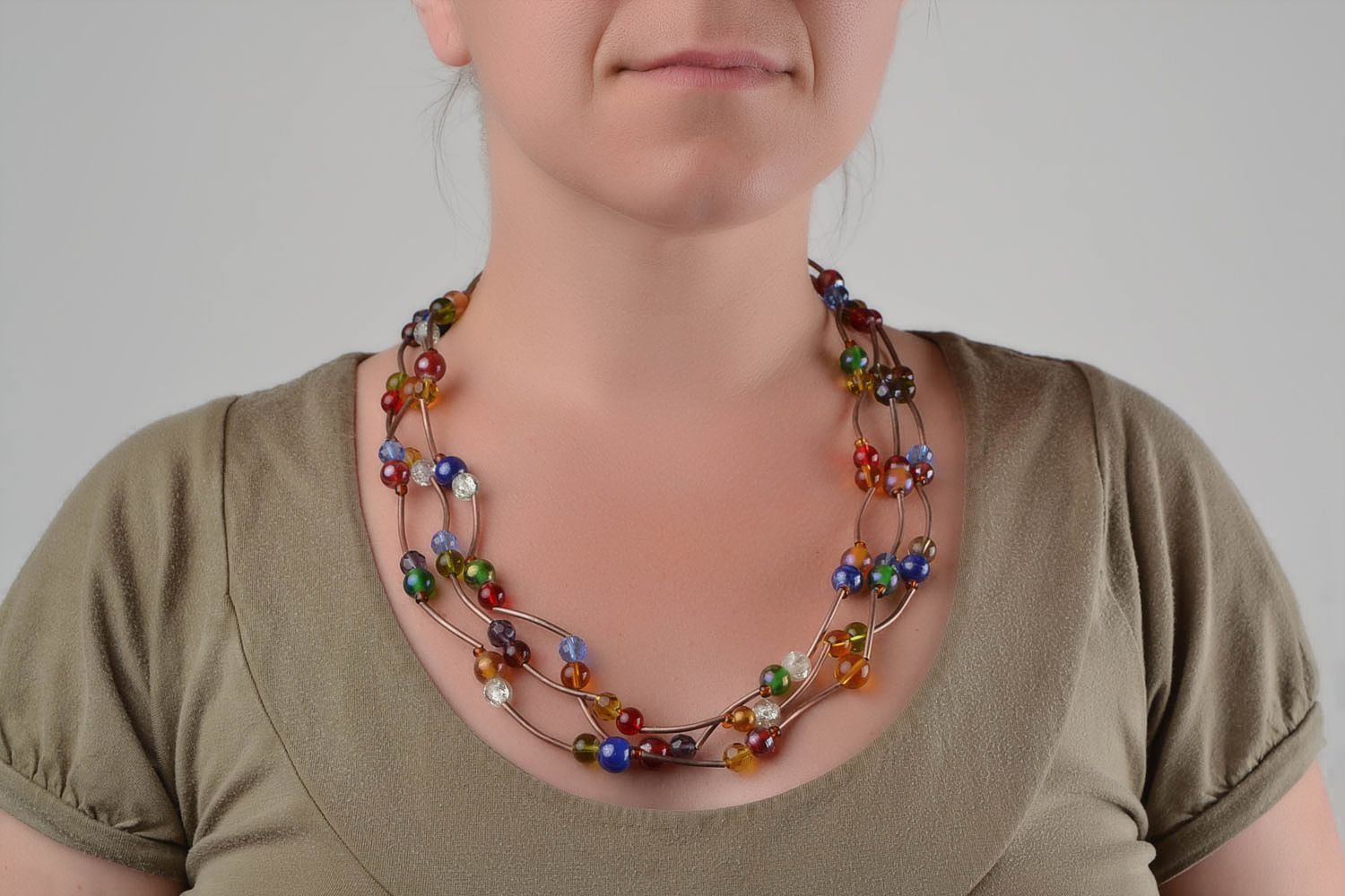 Handmade long multi row colorful designer beaded necklace with metal elements photo 2