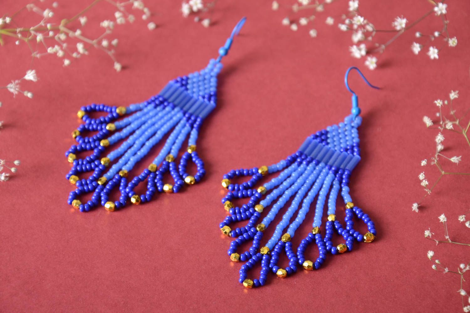 Handmade female earrings beaded stylish accessory blue elegant earrings photo 1