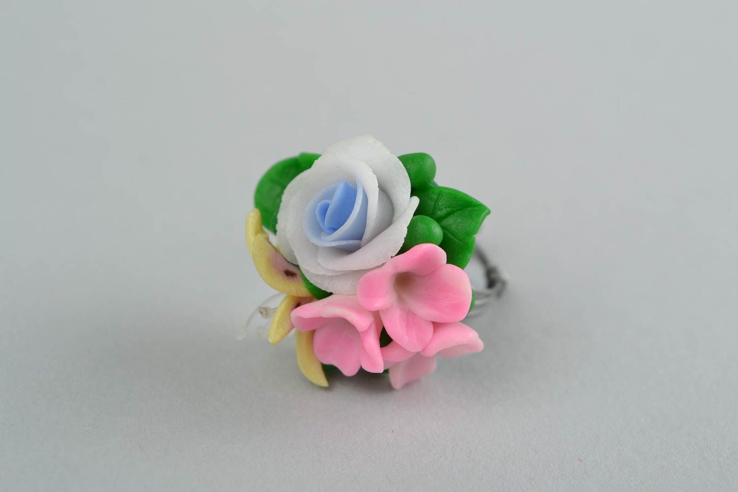 Unusual beautiful handmade volume polymer clay flower ring on wire wrap basis photo 3